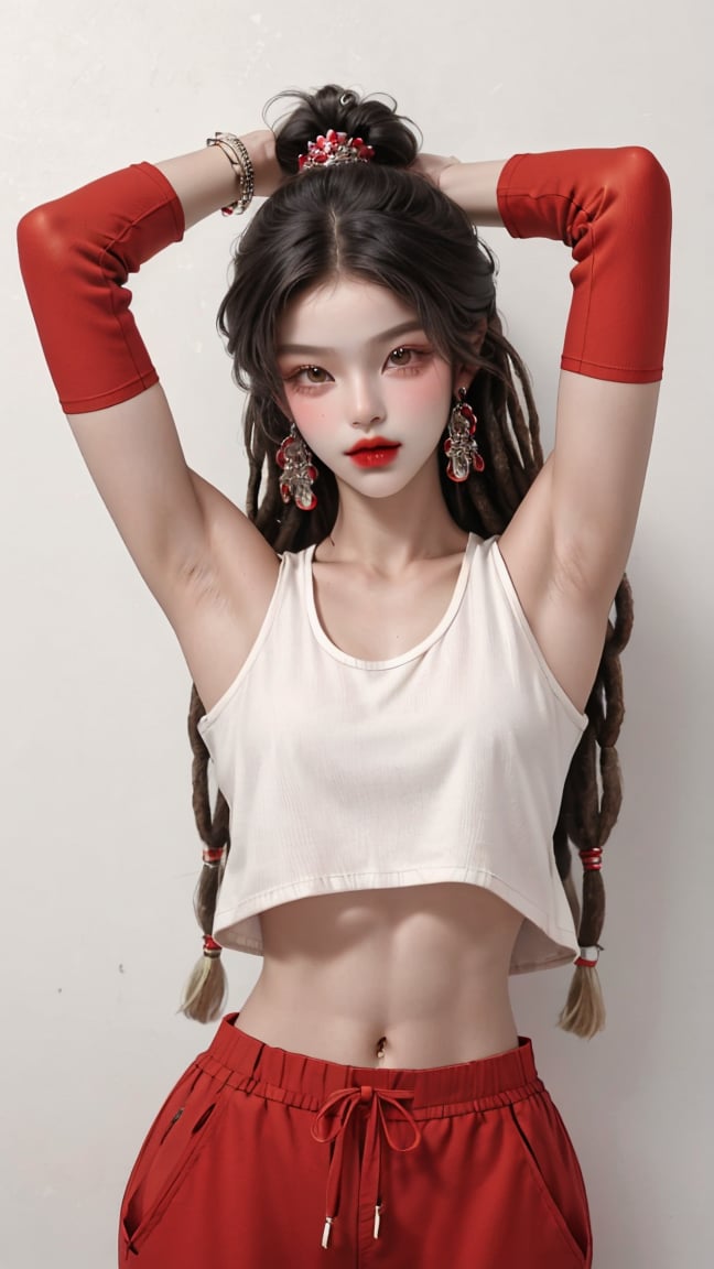  A beautiful teen girl with a skinny body, (dreadlocks hair) , she is wearing a (red designed long top and designed Harem Pants), fashion style clothing. Her toned body suggests her great strength. The girl is dancing hip-hop and doing all kinds of cool moves.,Sohwa, white wall background,medium shot,Detailedface