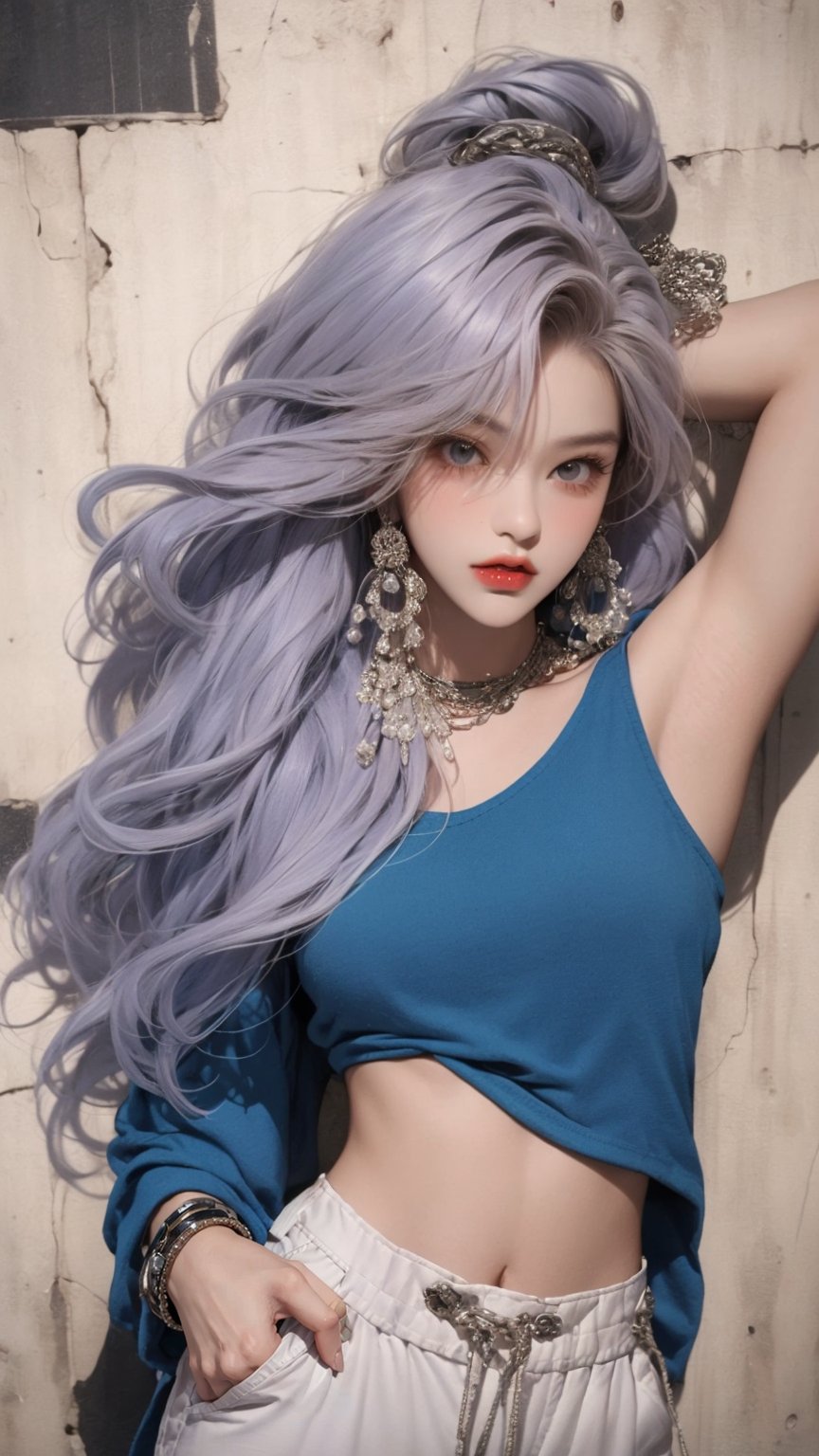  A beautiful teen girl with a skinny body, (dreadlocks hair) , she is wearing a (blue designed long top and designed Harem Pants), fashion style clothing. Her toned body suggests her great strength. The girl is dancing hip-hop and doing all kinds of cool moves.,Sohwa, white wall background,medium shot,Detailedface