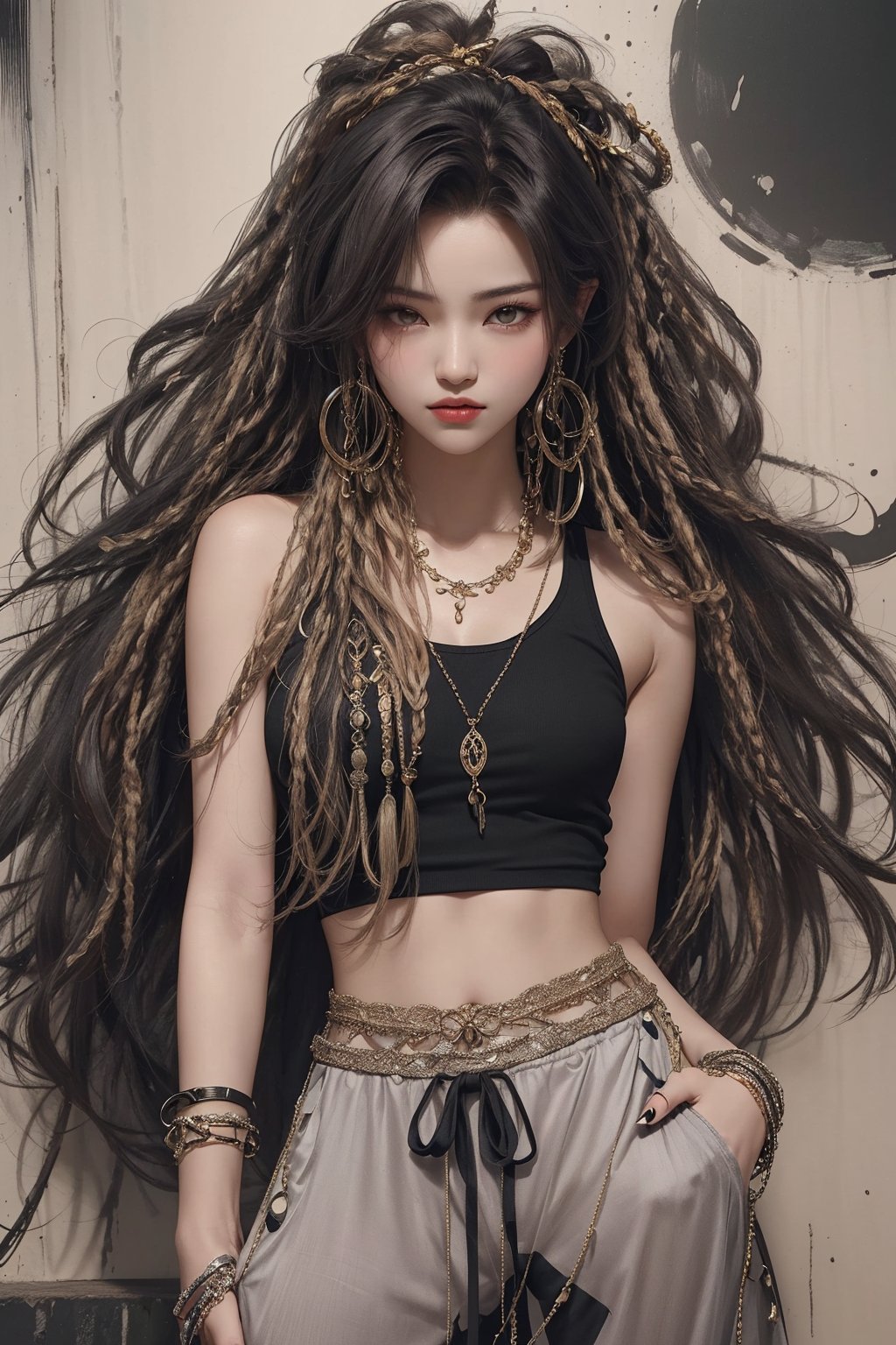 masterpiece art, 8k, A beautiful teen girl with a skinny body, (dreadlocks hair) , she is wearing a (black designed long top and designed Harem Pants), fashion style clothing. Her toned body suggests her great strength. The girl is dancing hip-hop and doing all kinds of cool moves.,Sohwa, white wall background,medium shot,Detailedface