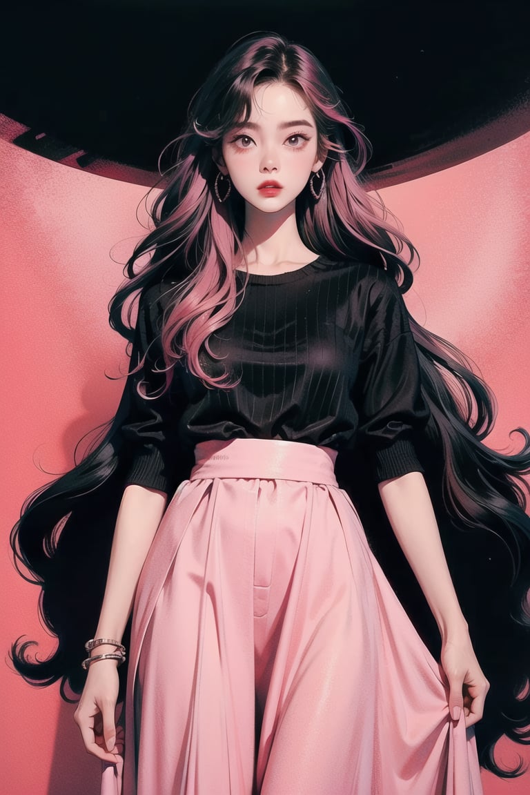 best quality, masterpiece, detailed, 16k, beautiful detailed face, beautiful detailed eyes, 8k, femalesolo, prefect body, prefect face, A korean cute girl, long black curly hair, red matt lips((heavy lower lips)), ((black top and pink long skirt)), (red background) , sweet smile, Detailedface,pastelbg,newspaper wall
