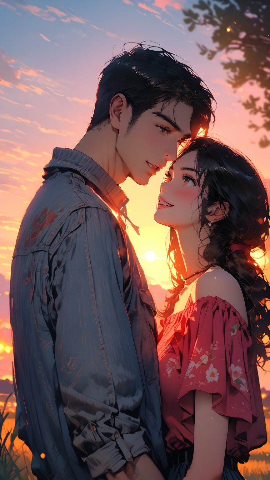 best quality, masterpiece, detailed, 16k, beautiful detailed face, beautiful detailed eyes, 8k, 1boy, 1girl, couple portrait, A handsome boy, A cute girl, (heavy lower lips), (matching couple dress), casual outfit, (grassfield sunset background), twilight,kiss, hugging, sweet smile,pastelbg,more detail XL,Couple photoshoot,Couple poses,Couple photography, animefiction