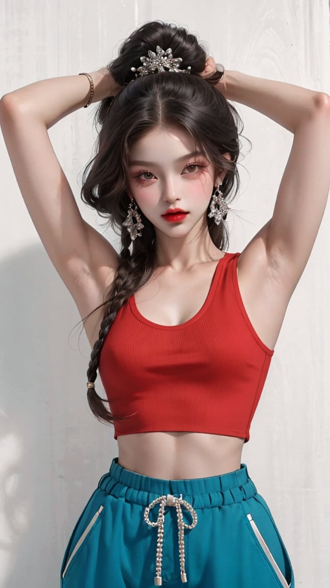  A beautiful teen girl with a skinny body, (dreadlocks hair) , she is wearing a (red designed long top and designed Harem Pants), fashion style clothing. Her toned body suggests her great strength. The girl is dancing hip-hop and doing all kinds of cool moves.,Sohwa, white wall background,medium shot,Detailedface