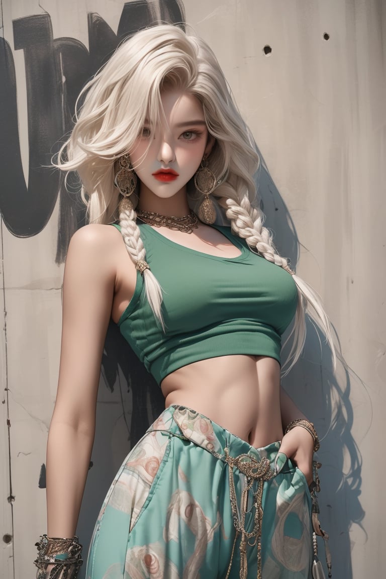  A beautiful teen girl with a skinny body, (white dreadlocks hair) , she is wearing a (green designed long top and designed Harem Pants), fashion style clothing. Her toned body suggests her great strength. The girl is dancing hip-hop and doing all kinds of cool moves.,Sohwa,medium shot