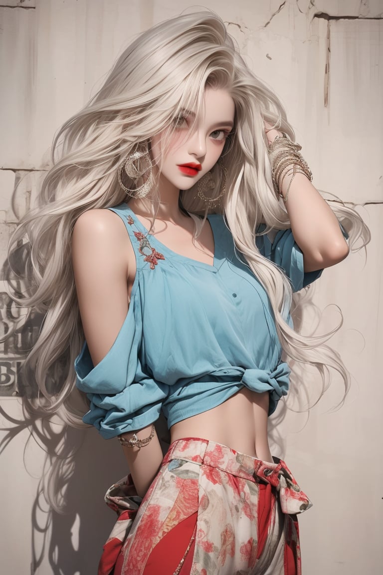  A beautiful teen girl with a skinny body, (white dreadlocks hair) , she is wearing a (red designed long top and designed Harem Pants), fashion style clothing. Her toned body suggests her great strength. The girl is dancing hip-hop and doing all kinds of cool moves.,Sohwa,white wall, background,medium shot