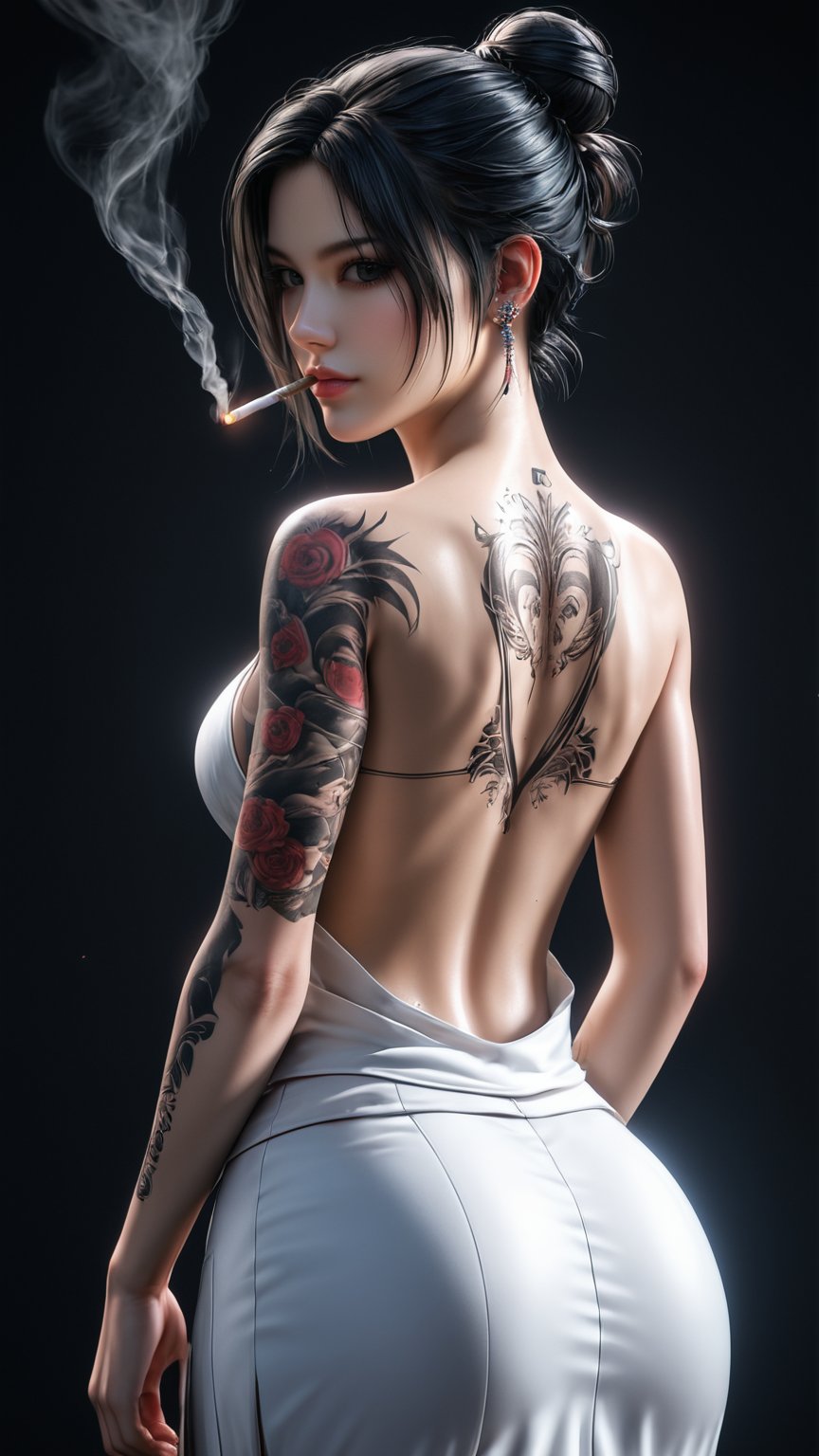 1girl, girl focus, tattoo, full back tattoo, black tattoo, black eyes, solo, black hair, back tattoo, soft red background, from behind, samurai white long skirt, hair bun, looking at viewer, backless female, character name, single hair bun, short hair, back, cigarette, cinematic, portrait,(brilliant composition),photo r3al,3D,source_real