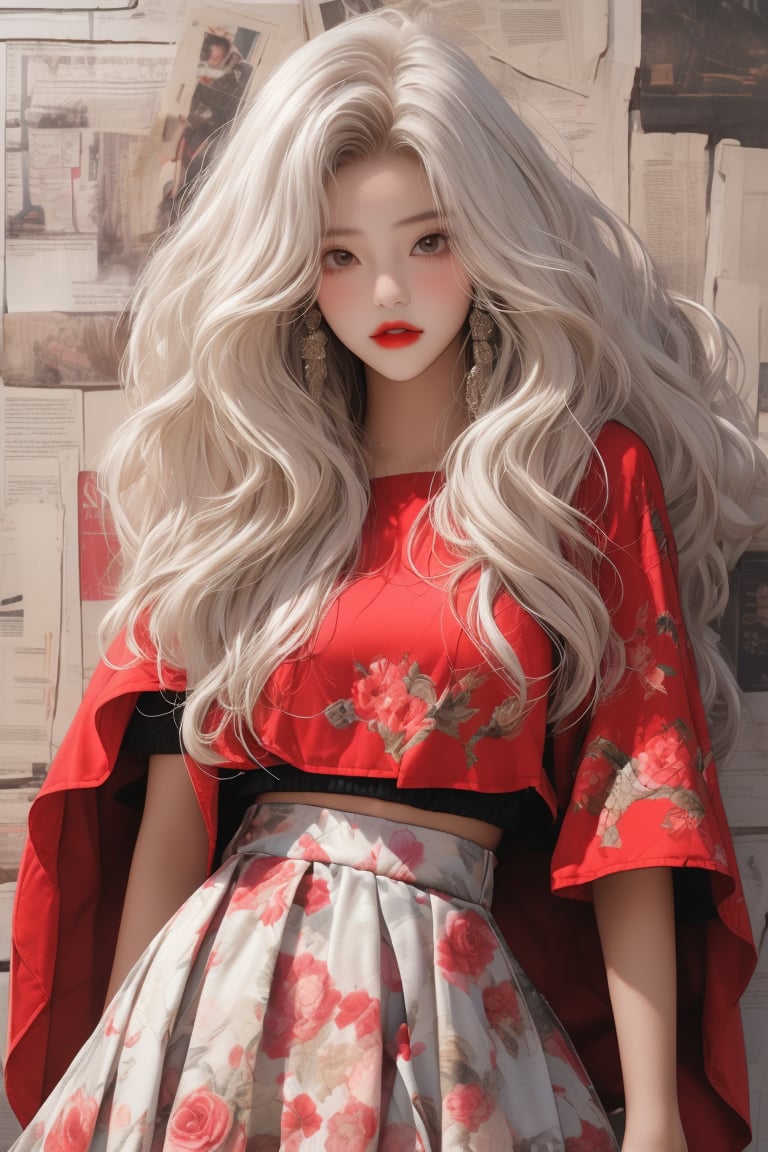  A beautiful teen girl with a skinny body, (white wavy hair) , she is wearing a (red designed poncho and designed petal skirt), fashion style clothing. Her toned body suggests her great strength. The girl is dancing hip-hop and doing all kinds of cool moves.,Sohwa,white rose art wall background,medium full shot