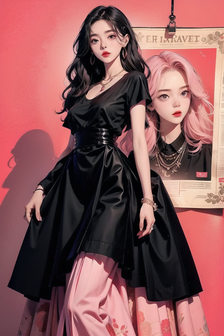 best quality, masterpiece, detailed, 16k, beautiful detailed face, beautiful detailed eyes, 8k, femalesolo, prefect body, prefect face, A korean cute girl, long black curly hair, red matt lips((heavy lower lips)), ((black top and pink long skirt)), (red background) , sweet smile, Detailedface,pastelbg,newspaper wall