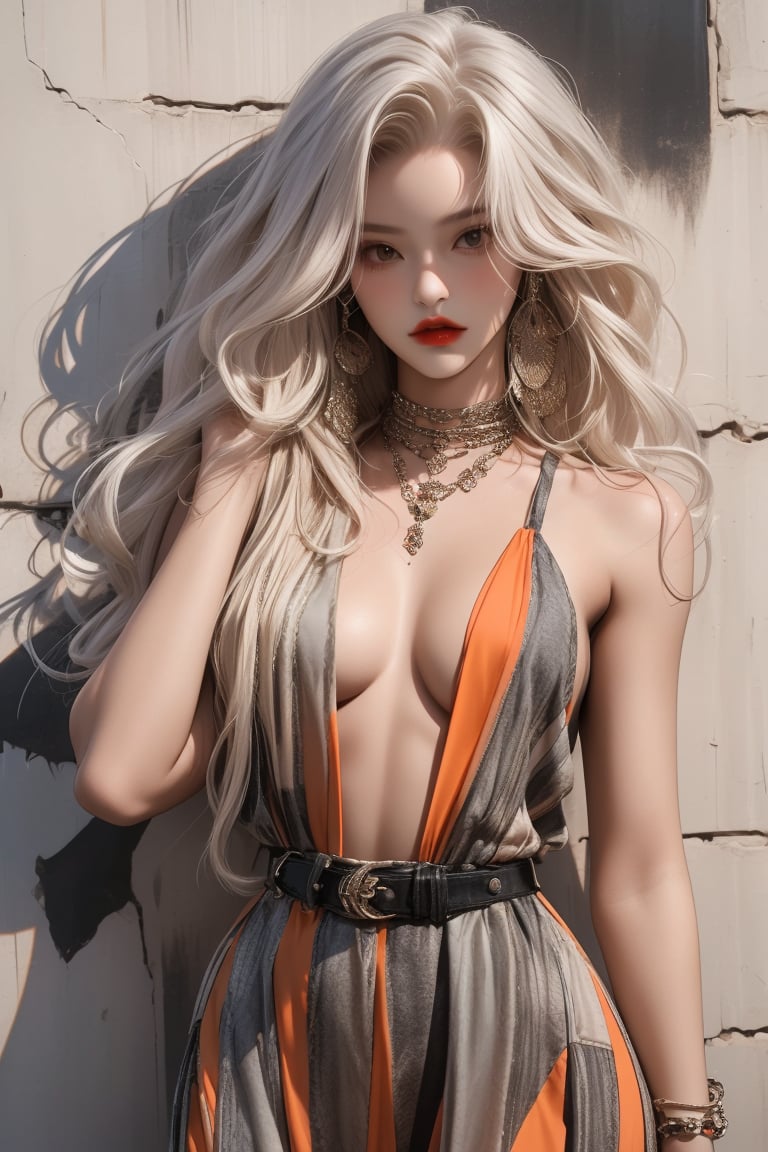  A beautiful teen girl with a skinny body, (white dreadlocks hair) , she is wearing a (black-orange designed western dress), fashion style clothing. Her toned body suggests her great strength. The girl is dancing hip-hop and doing all kinds of cool moves.,Sohwa,medium full shot