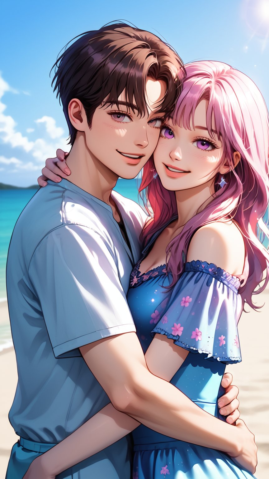 best quality, masterpiece, detailed, 16k, beautiful detailed face, beautiful detailed eyes, 8k, 1boy, 1girl, couple portrait, A handsome boy, A cute girl, (heavy lower lips), (matching couple dress), casual outfit, (beach sunset background), twilight, hug, hugging, sweet smile,pastelbg,more detail XL