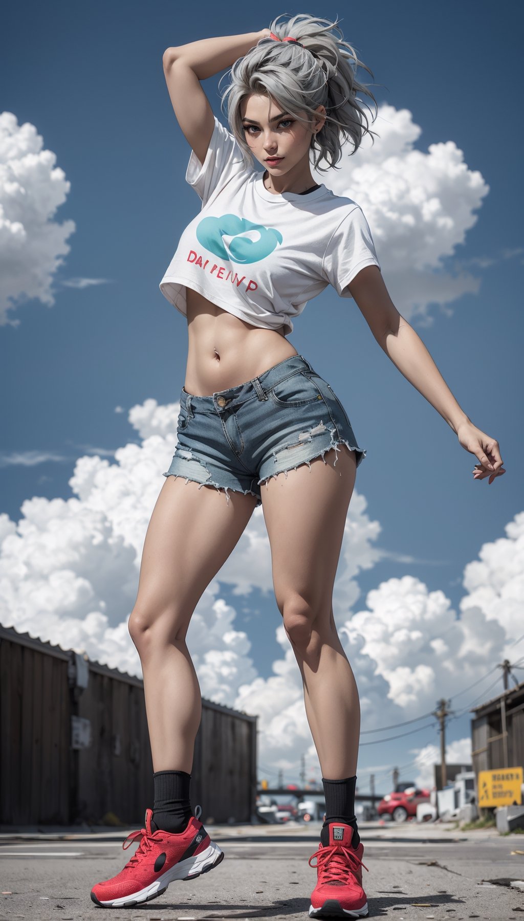1female, average female human height. Her face look like that of a normal human, made of artificial skin, and her eyes have black sclera with green irises. She has messy grey hair and her eyebrows are grey, ((Red crop halfsleevs t-shirt)), ((cracked low-rise shorts)), glowing body, big breast, Buttonless open_chest shirt, bold and sexy, cool look, deep navel, ((hip-hop dancing pose)), ((dynamic posing), erotic expression in her face, ((day time)), ((blue cloudy sky)), ((full body))
