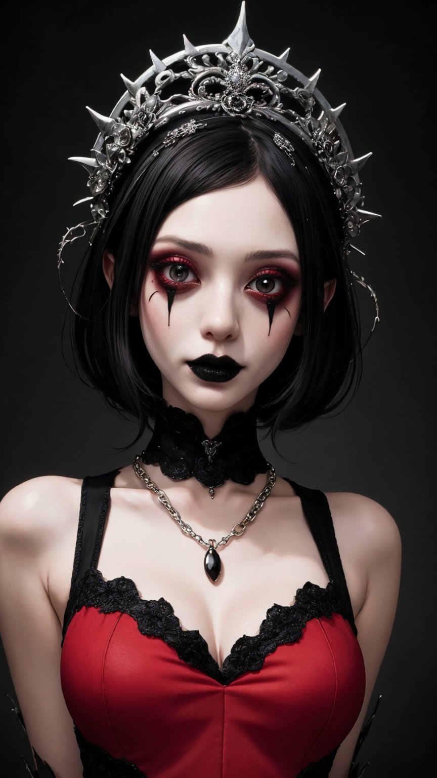 A crouched arafed woman in a striking black and red outfit dominates the frame. Intricate devil clown makeup adorns her upper body, complementing the elaborate tutu and jester-inspired costume. A Gothic mansion backdrop sets the tone for this surreal portrait. black stone heavy necklace and jewelry, evil gazes from beneath heavy eyeliner meet the viewer's eyes, reminiscent of Natalie Shau's avant-garde fashion model. The level of detail is exquisite, rivaling that of Aoshima Chiho's work. In a nod to Ray Caesar and Adrian Borda, this 8K masterpiece showcases a devil clown girl eyes in all her creepy glory, trending on ArtStation.