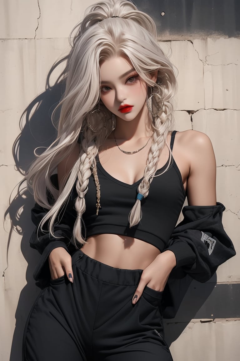  A beautiful teen girl with a skinny body, (white dreadlocks hair) , she is wearing a (black designed long top and designed bly track pants), fashion style clothing. Her toned body suggests her great strength. The girl is dancing hip-hop and doing all kinds of cool moves.,Sohwa,medium full shot