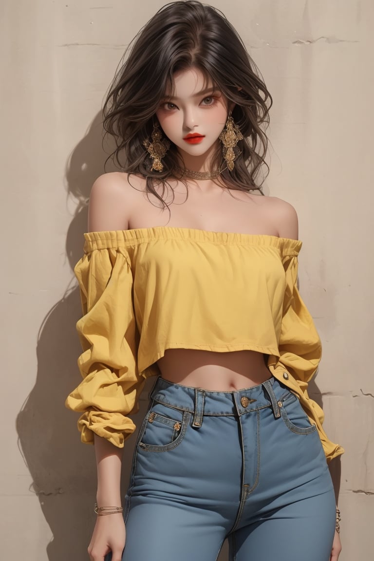  A beautiful girl with a slim figure, she is wearing a black off shoulder shirt with yellow long top and baggy pants, fashion style clothing. Her toned body suggests her great strength. The girl is standing confident and doing all kinds of cool poses.,Sohwa,medium full shot