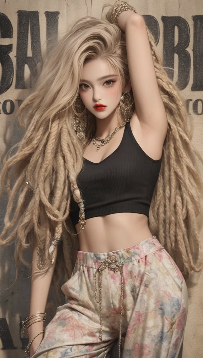 masterpiece art, 8k, A beautiful teen girl with a skinny body, (dreadlocks hair) , she is wearing a (black designed long top and designed Harem Pants), fashion style clothing. Her toned body suggests her great strength. The girl is dancing hip-hop and doing all kinds of cool moves.,Sohwa, white wall background,medium shot,Detailedface