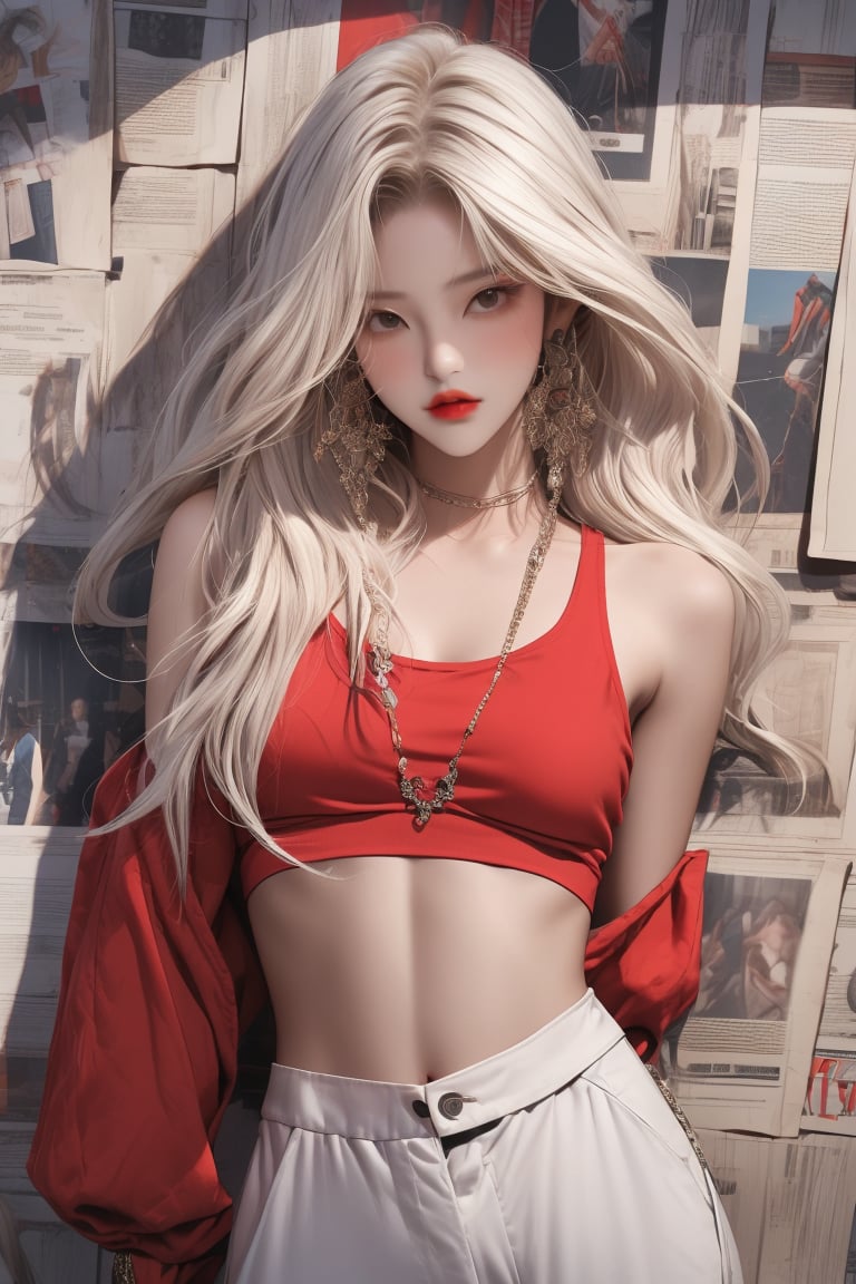  A beautiful teen girl with a skinny body, (white dreadlocks hair) , she is wearing a (red designed long top and designed Harem Pants), fashion style clothing. Her toned body suggests her great strength. The girl is dancing hip-hop and doing all kinds of cool moves.,Sohwa, wooden news wall,medium shot