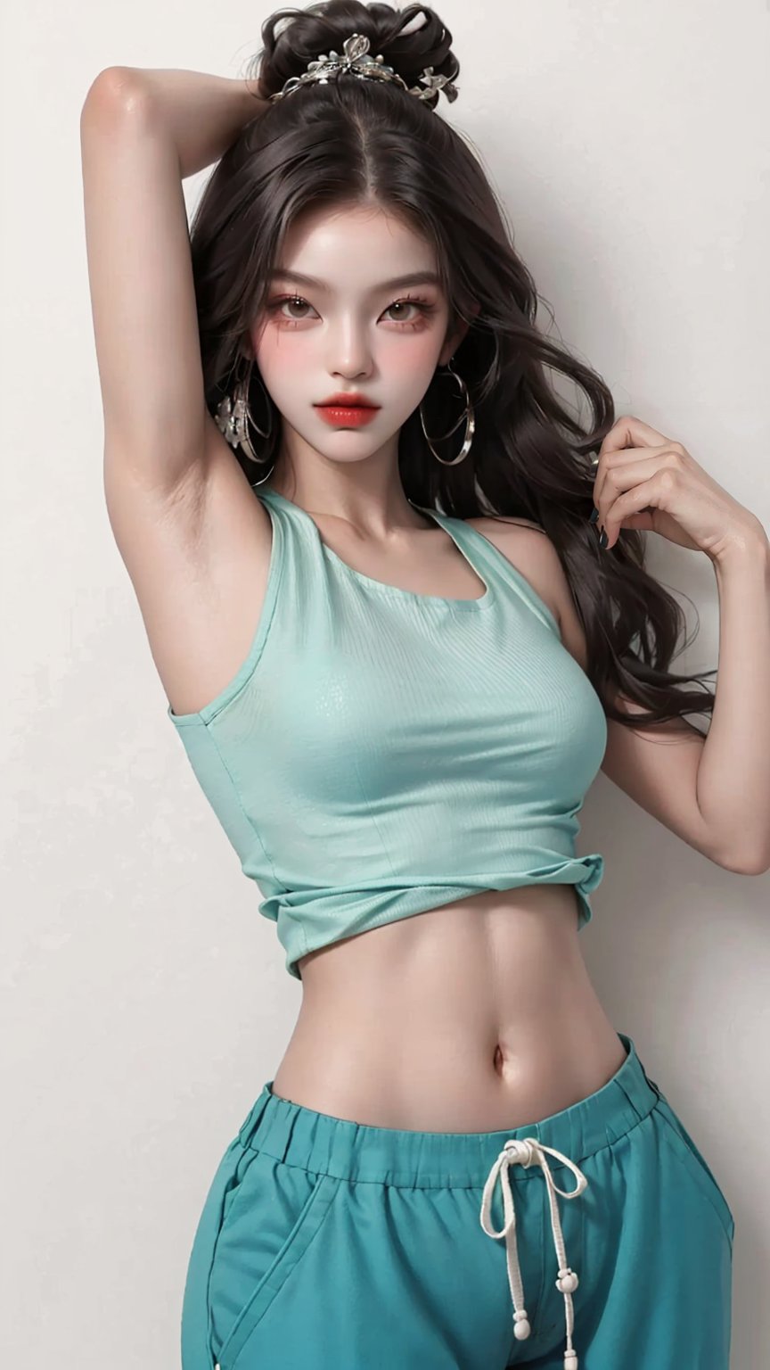  A beautiful teen girl with a skinny body, (dreadlocks hair) , she is wearing a (red designed long top and designed Harem Pants), fashion style clothing. Her toned body suggests her great strength. The girl is dancing hip-hop and doing all kinds of cool moves.,Sohwa, white wall background,medium shot,Detailedface