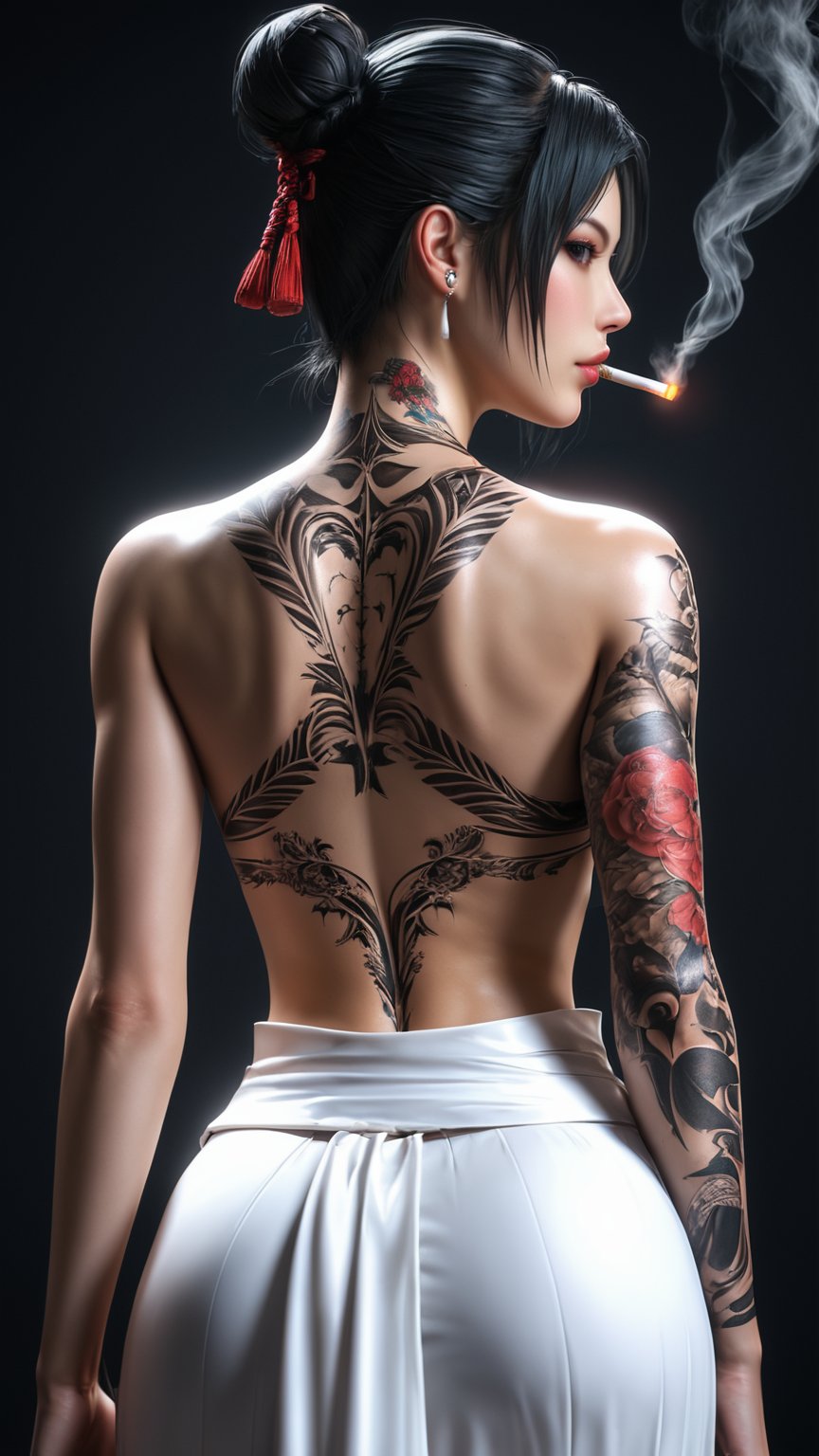 1girl, girl focus, tattoo, full back tattoo, black tattoo, black eyes, solo, black hair, back tattoo, soft red background, from behind, samurai white long skirt, hair bun, looking at viewer, upperkless female, character name, single hair bun, short hair, back, hold, cigarette, cinematic, portrait,(brilliant composition),photo r3al,3D,source_real