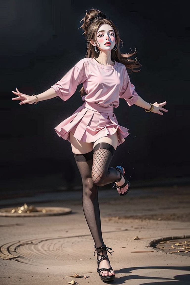 1girl, full body,dress, pretty, sporty clothes, brown hair, cute pink top, ponytail, CK, realistic, feet, toes, foot_focus, sandals, black_footwear, soles, tail, toenails, ankle_lace-up, 1girl, bracelet, long_hair, boots, jewelry, black_hair, pantyhose, closed_eyes, fishnets_pant, 1boy, motion_blur, smile, full_body, black_thighhighs, standing,Detailedface, fishnet_thigshigh, sexy and hot