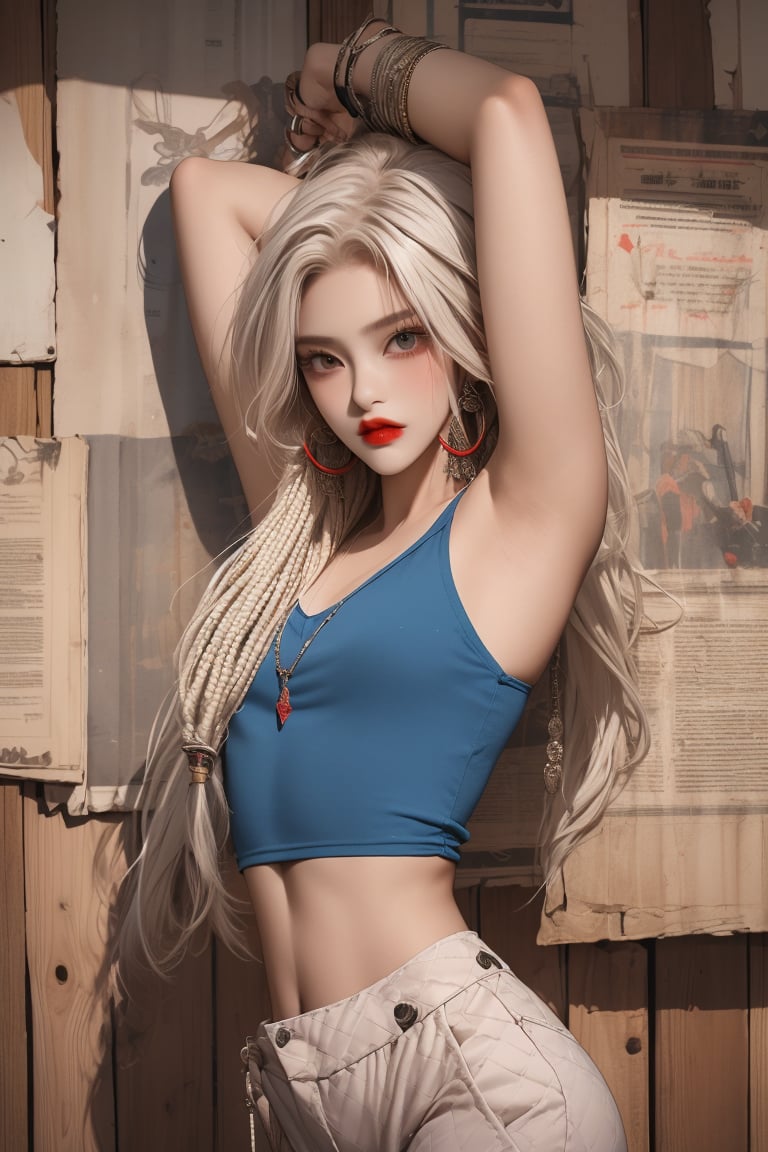  A beautiful teen girl with a skinny body, (white dreadlocks hair) , she is wearing a (red designed long top and designed Harem Pants), fashion style clothing. Her toned body suggests her great strength. The girl is dancing hip-hop and doing all kinds of cool moves.,Sohwa, wooden wall,medium shot