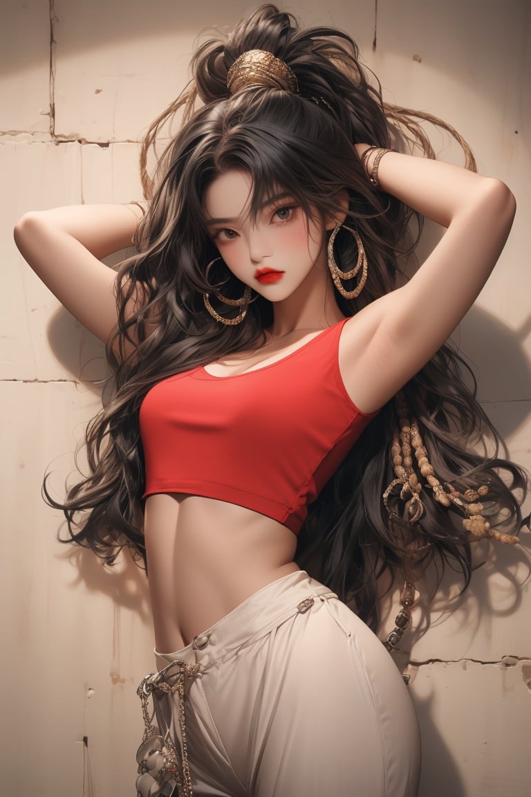 masterpiece art, 8k, A beautiful teen girl with a skinny body, (dreadlocks hair) , she is wearing a (red designed long top and designed Harem Pants), fashion style clothing. Her toned body suggests her great strength. The girl is dancing hip-hop and doing all kinds of cool moves.,Sohwa, white wall background,medium shot,Detailedface