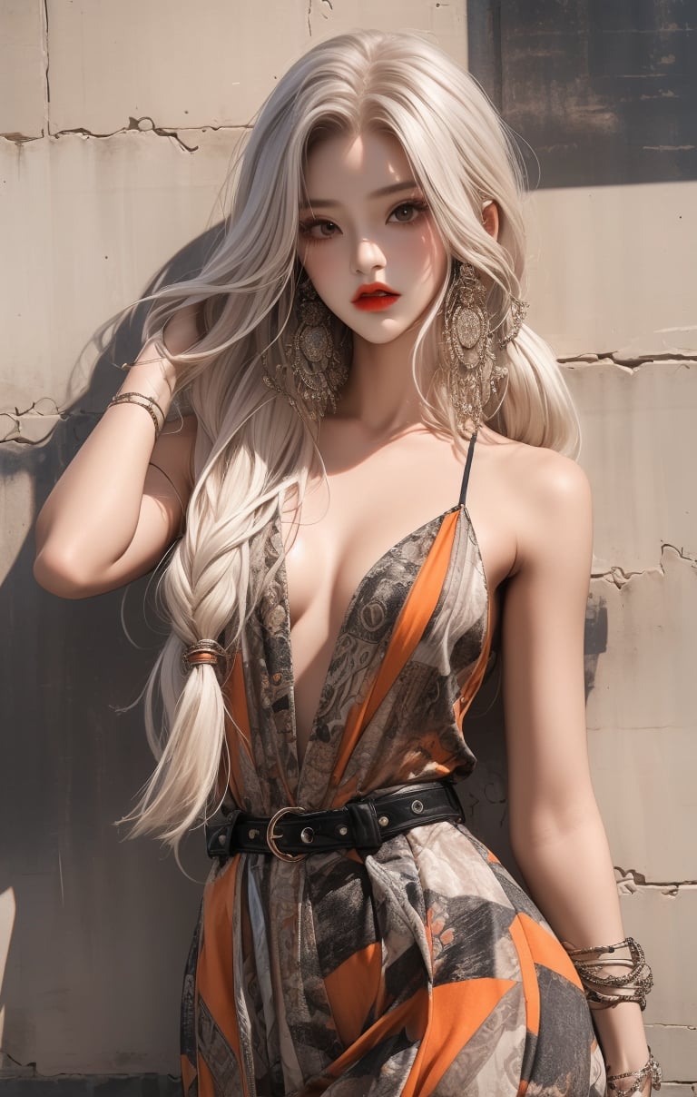  A beautiful teen girl with a skinny body, (white dreadlocks hair) , she is wearing a (black-orange designed western dress), fashion style clothing. Her toned body suggests her great strength. The girl is dancing hip-hop and doing all kinds of cool moves.,Sohwa,medium full shot
