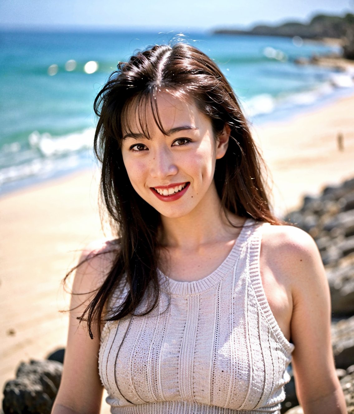 (Best Quality,8K,Raw photo,Realistic,High resolution:1.2),(light brown hair),Ultra mini skirt,(upper body:1.2),Looking at Viewer ,(portrait:1.2),(at sunshine beach),ocean,grin, sleeveless knit shirt,thin fit shirt,himiko,large breasts