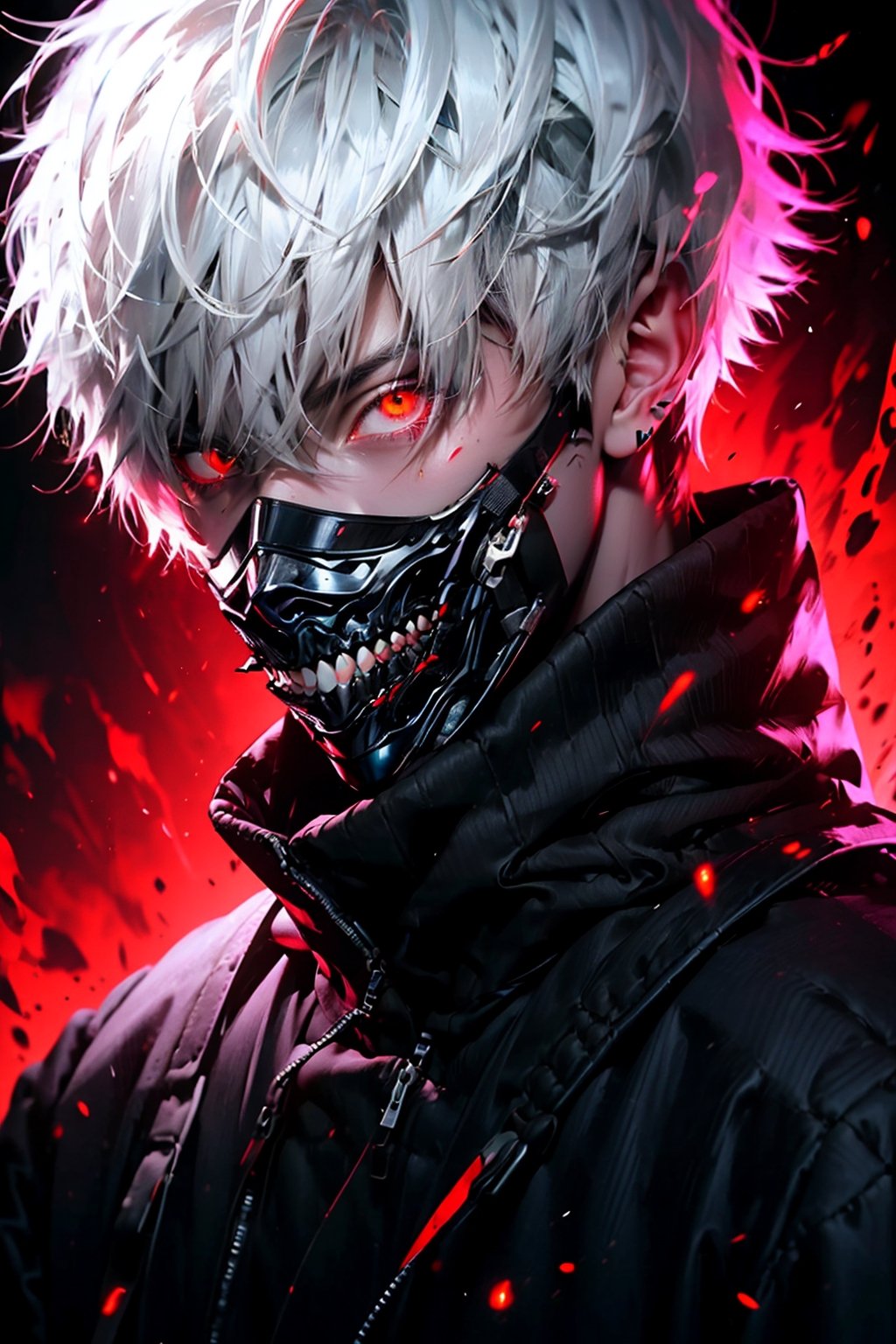 solo, short hair, red eyes, 1boy, white hair, male focus, signature, mask, glowing, heterochromia, colored sclera, glowing eye, kaneki ken