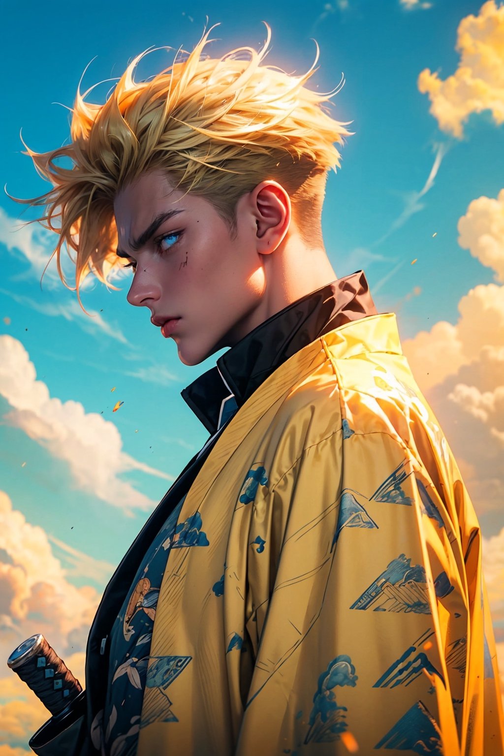 solo, short hair, blue eyes, blonde hair, long sleeves, 1boy, closed mouth, jacket, upper body, weapon, male focus, outdoors, japanese clothes, sky, sword, cloud, from side, blue sky, profile, katana, sheath, haori, demon slayer uniform, triangle print,Anime ,Boy