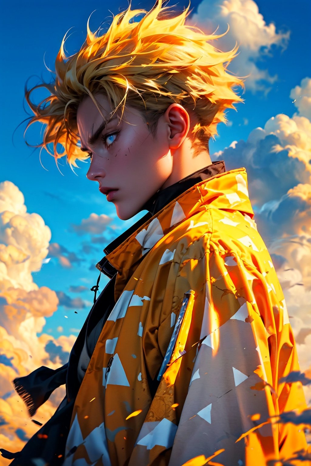 solo, short hair, blue eyes, blonde hair, long sleeves, 1boy, closed mouth, jacket, upper body, weapon, male focus, outdoors, japanese clothes, sky, sword, cloud, from side, blue sky, profile, katana, sheath, haori, demon slayer uniform, triangle print,Anime 