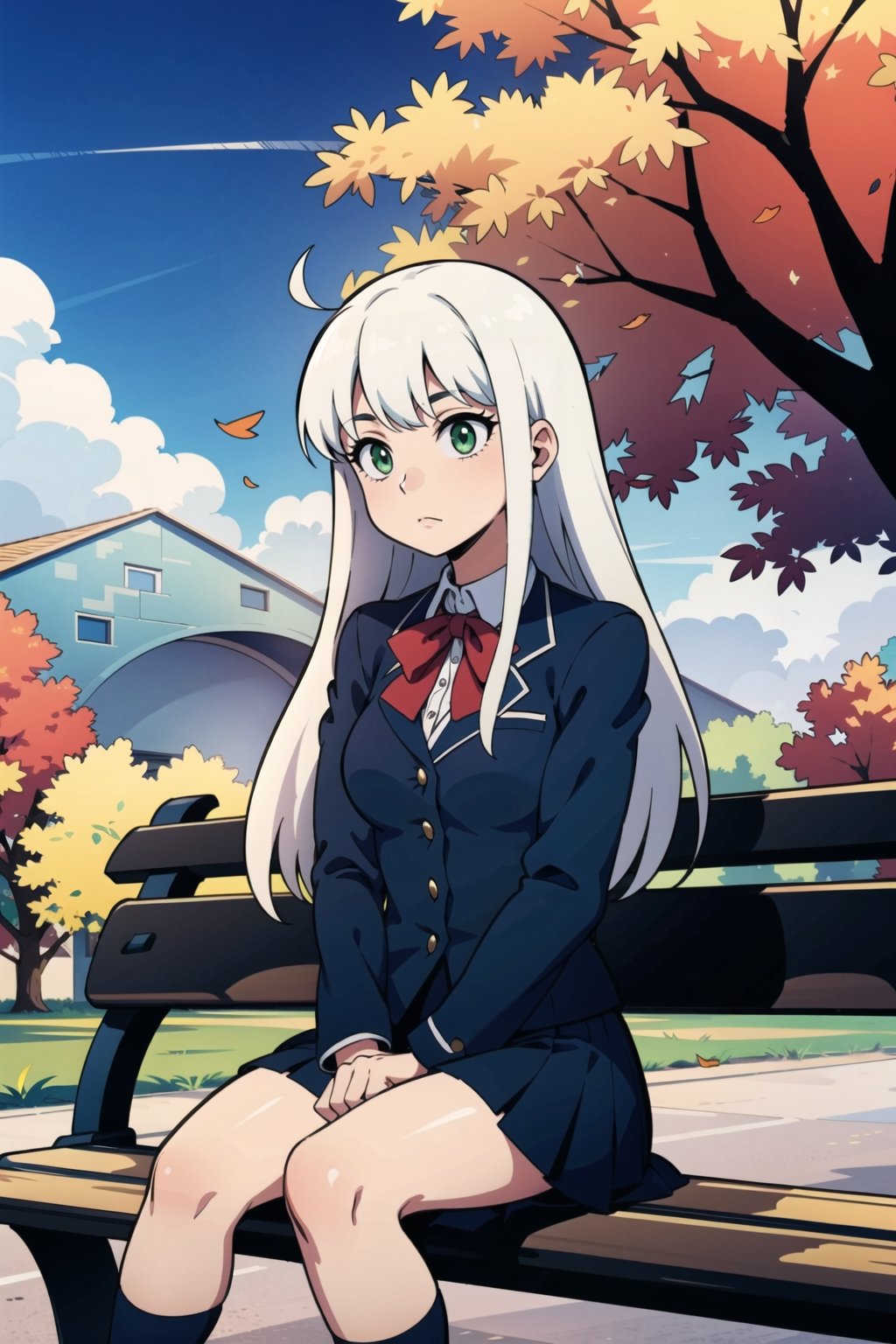 Imagine a picture of a woman with green eyes, white hair hair, black skin, long hair, wearing school uniform,  sitting in a bench, sunny, sun beam,  windy,  fall_leaves, high_resolution, High quality, 16k, park scene