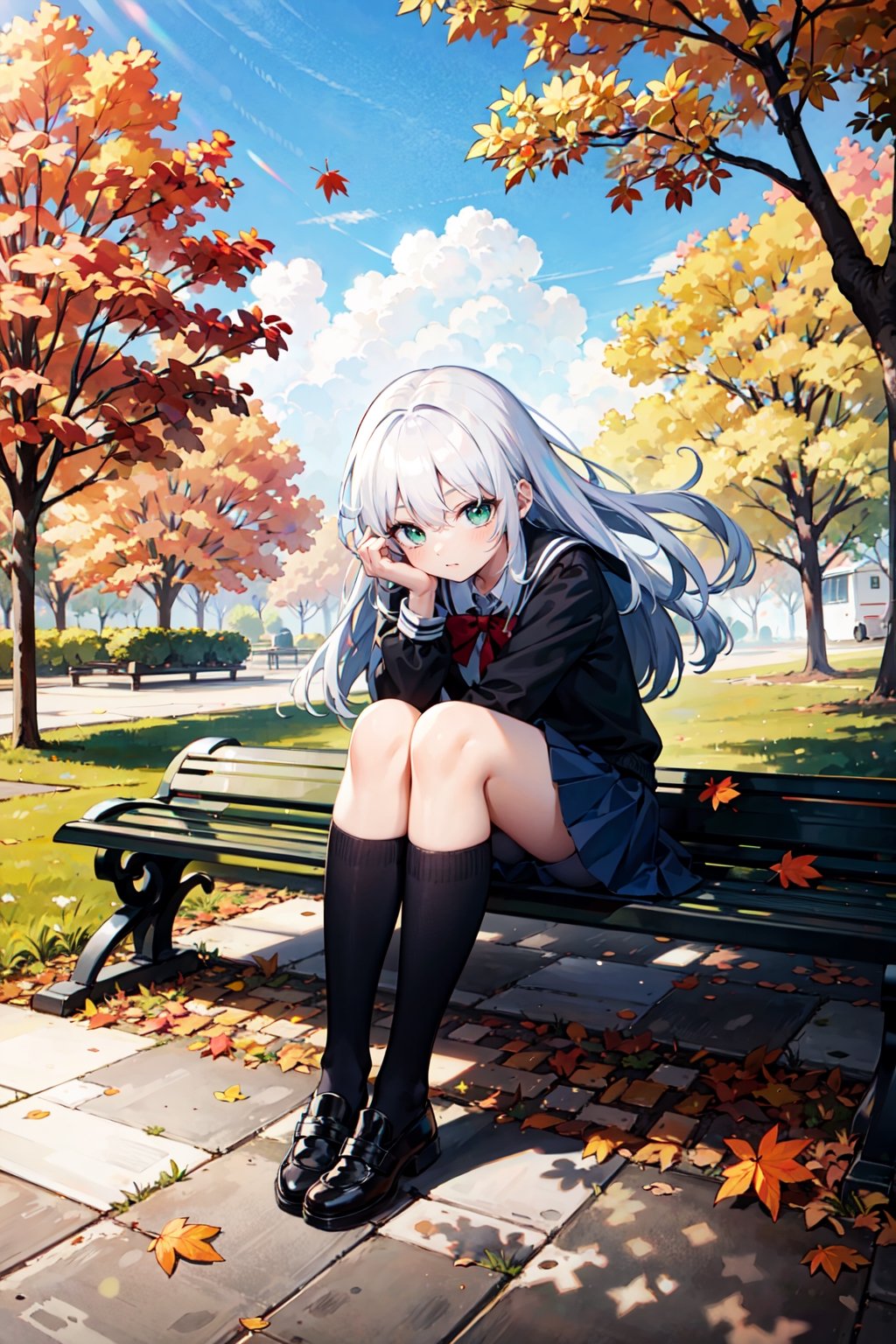 Imagine a picture of a woman with green eyes,white hair hair,black skin,long hair,wearing school uniform, sitting in a bench,sunny,sun beam, windy, fall_leaves,high_resolution,High quality,16k,park scene  