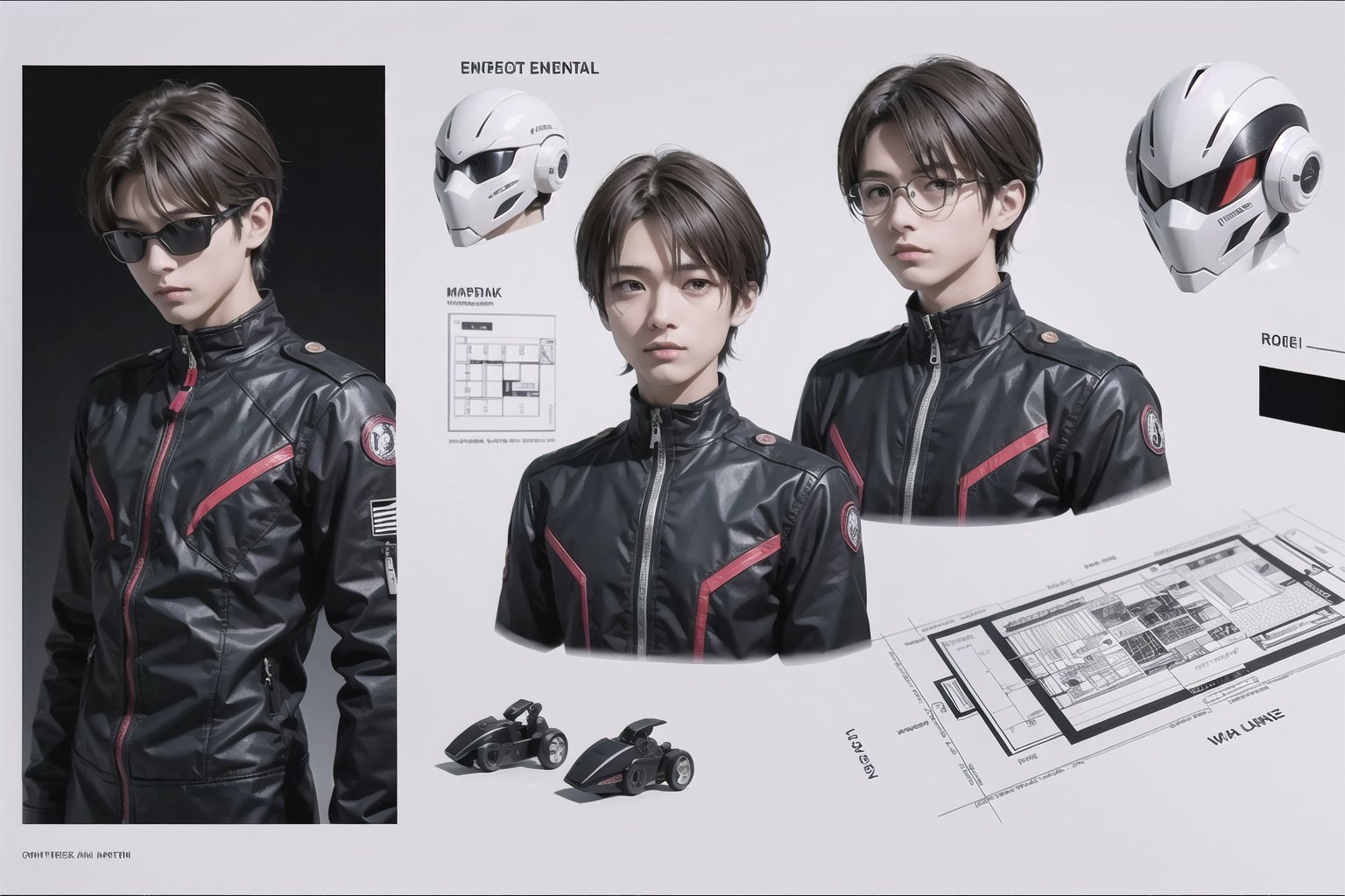 blueprints ensemble details, eva pilot ensemble, evangelion, with robotic ensemble, with robotic mask, black and white ensemble, men, ensemble parts blueprints details, black and white, minimalistic ensemble,

