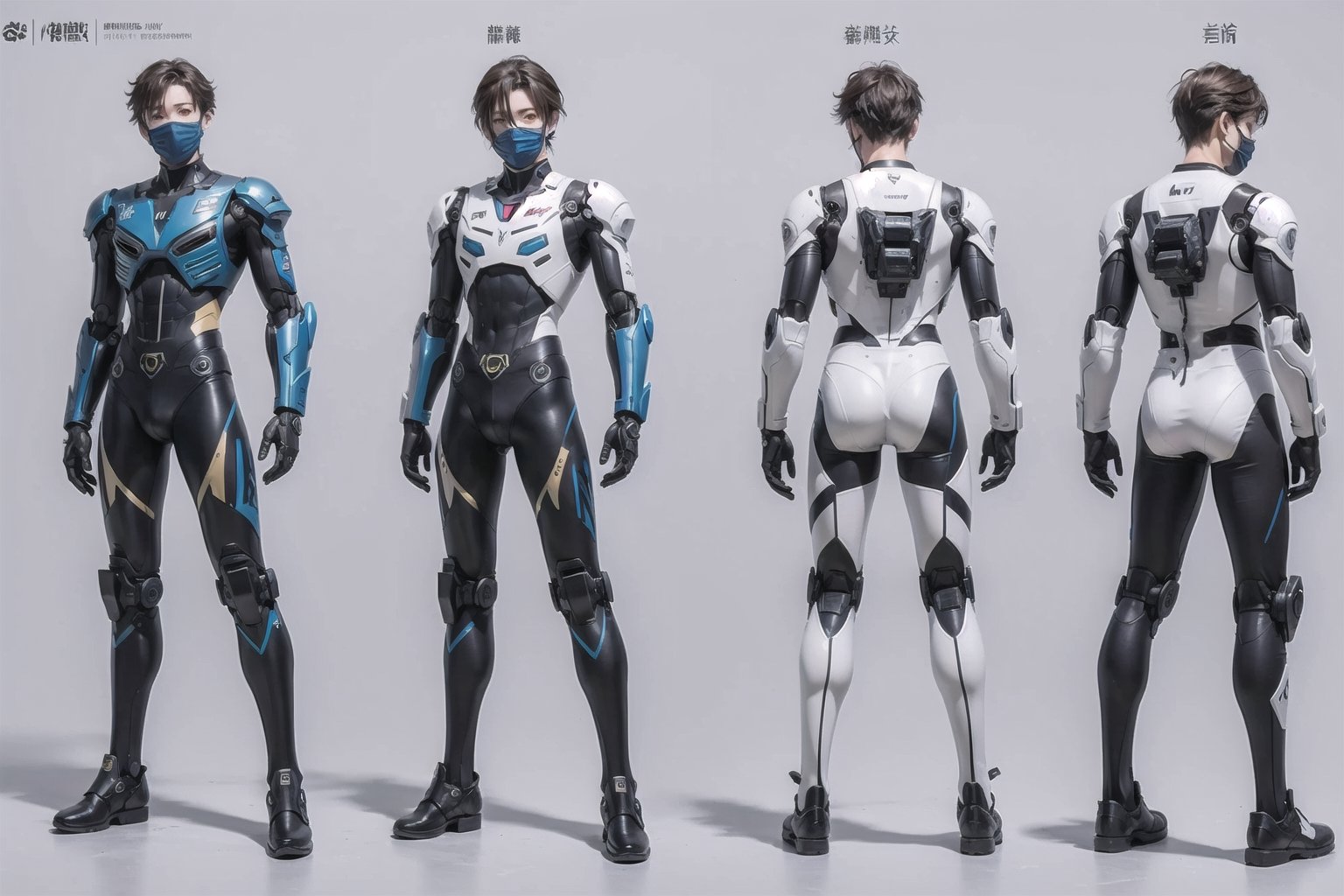 blueprints ensemble details, eva pilot ensemble, evangelion, with robotic ensemble, with robotic mask, black and white ensemble, men, ensemble parts blueprints details, black and white, minimalistic ensemble,

