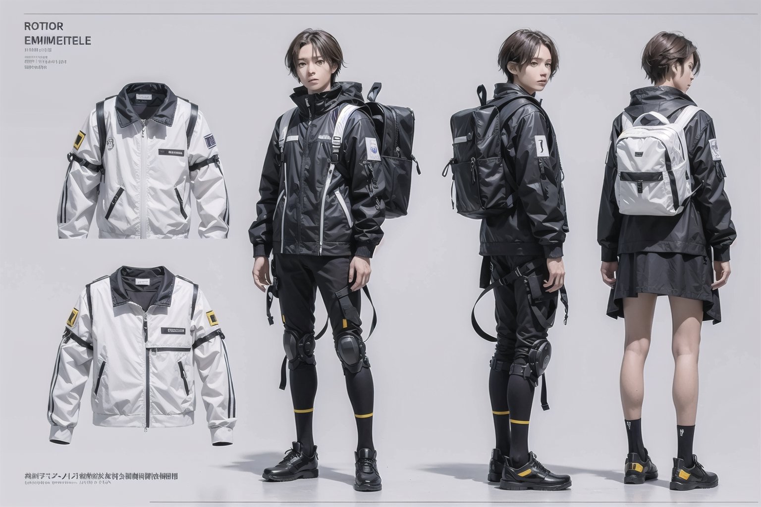 blueprints ensemble details, eva pilot ensemble, evangelion, with robotic ensemble, with robotic backpack, black and white ensemble, men, ensemble parts blueprints details, black and white, minimalistic ensemble,

