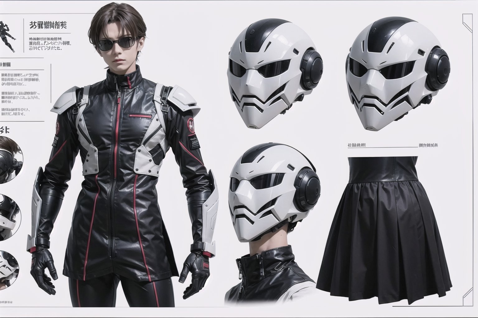 blueprints ensemble details, eva pilot ensemble, evangelion, with robotic ensemble, with robotic mask, black and white ensemble, men, ensemble parts blueprints details, black and white, minimalistic ensemble,

