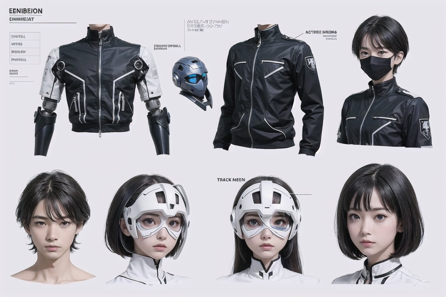 blueprints ensemble details, eva pilot ensemble, evangelion, with robotic ensemble, with robotic mask, black and white ensemble, men, ensemble parts blueprints details, black and white, minimalistic ensemble,

