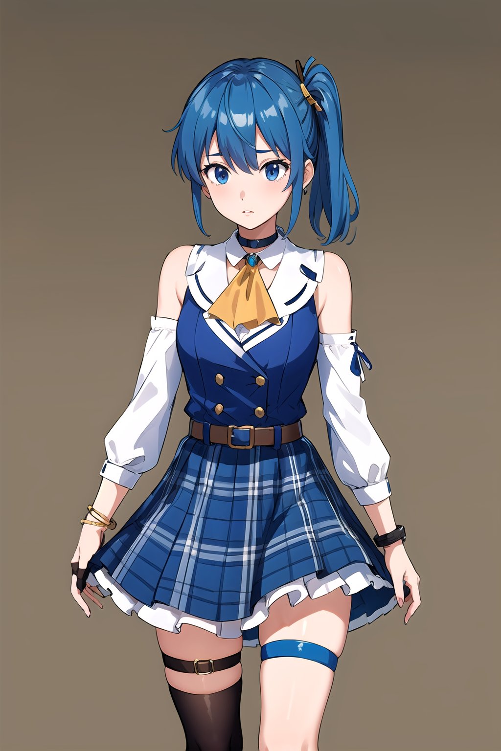 masterpiece, best quality, highres, sui1, 1girl, solo, side ponytail, hoshimachi suisei, fingerless gloves, single thighhigh, jewelry, single sock, thigh strap, bracelet, blue socks, buttons, single kneehigh, plaid dress, blue choker, blue belt, plaid skirt, grey skirt, blue ascot, long sleeves, SMMars, blue hair,mamori, shy