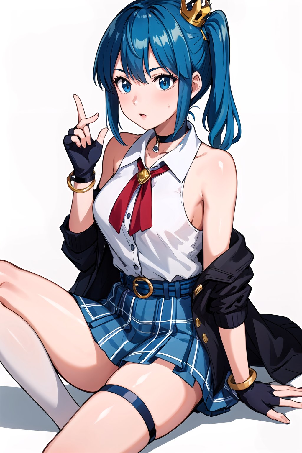 masterpiece, best quality, highres, sui1, 1girl, solo, side ponytail, hoshimachi suisei, fingerless gloves, single thighhigh, jewelry, single sock, thigh strap, bracelet, blue socks, buttons, single kneehigh, plaid dress, blue choker, blue belt, plaid skirt, mini crown, grey skirt, blue ascot, long sleeves, plaid jacket, SMMars, blue hair,mamori