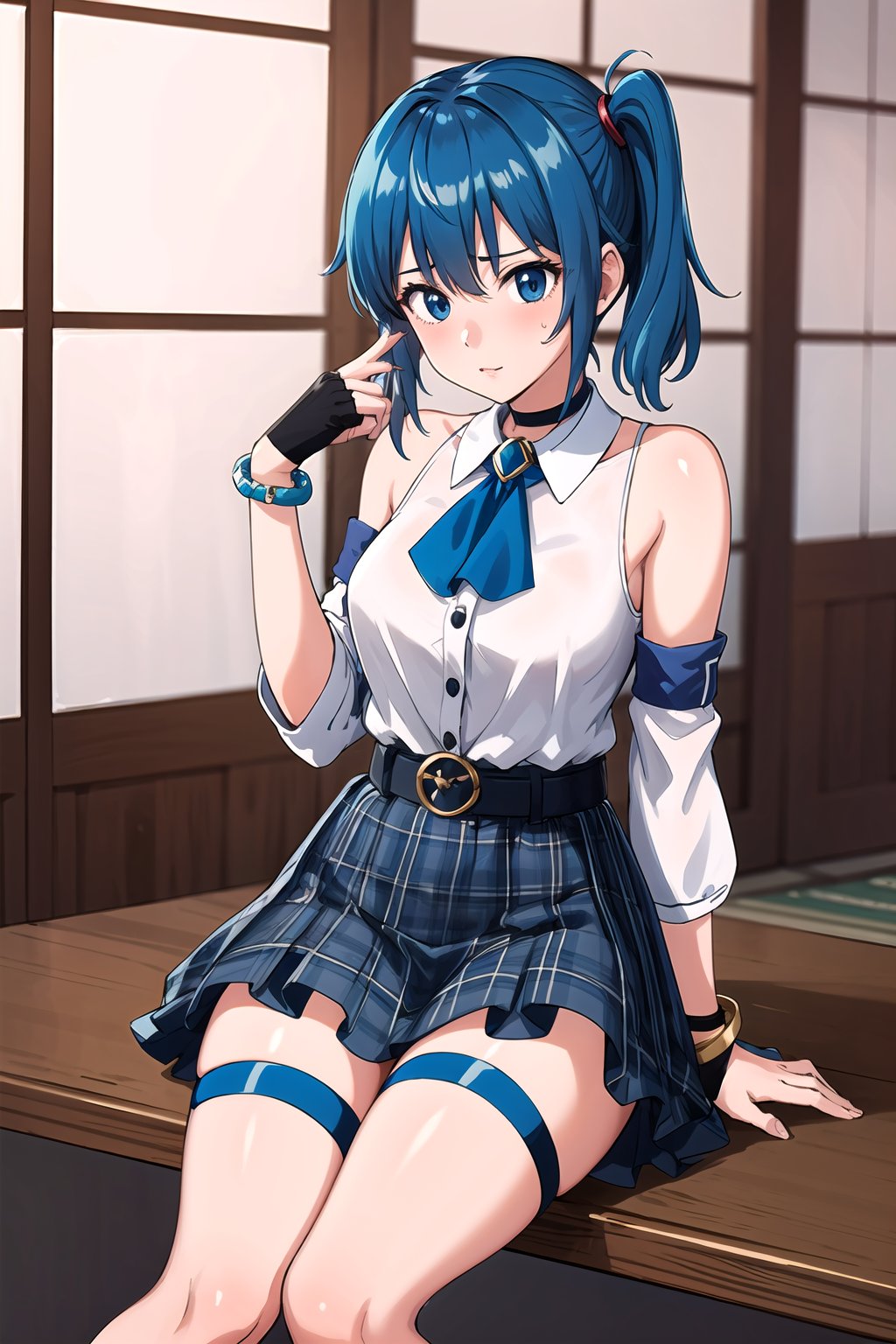 masterpiece, best quality, highres, sui1, 1girl, solo, side ponytail, hoshimachi suisei, fingerless gloves, single thighhigh, jewelry, single sock, thigh strap, bracelet, blue socks, buttons, single kneehigh, plaid dress, blue choker, blue belt, plaid skirt, grey skirt, blue ascot, long sleeves, SMMars, blue hair,mamori, shy, hentai