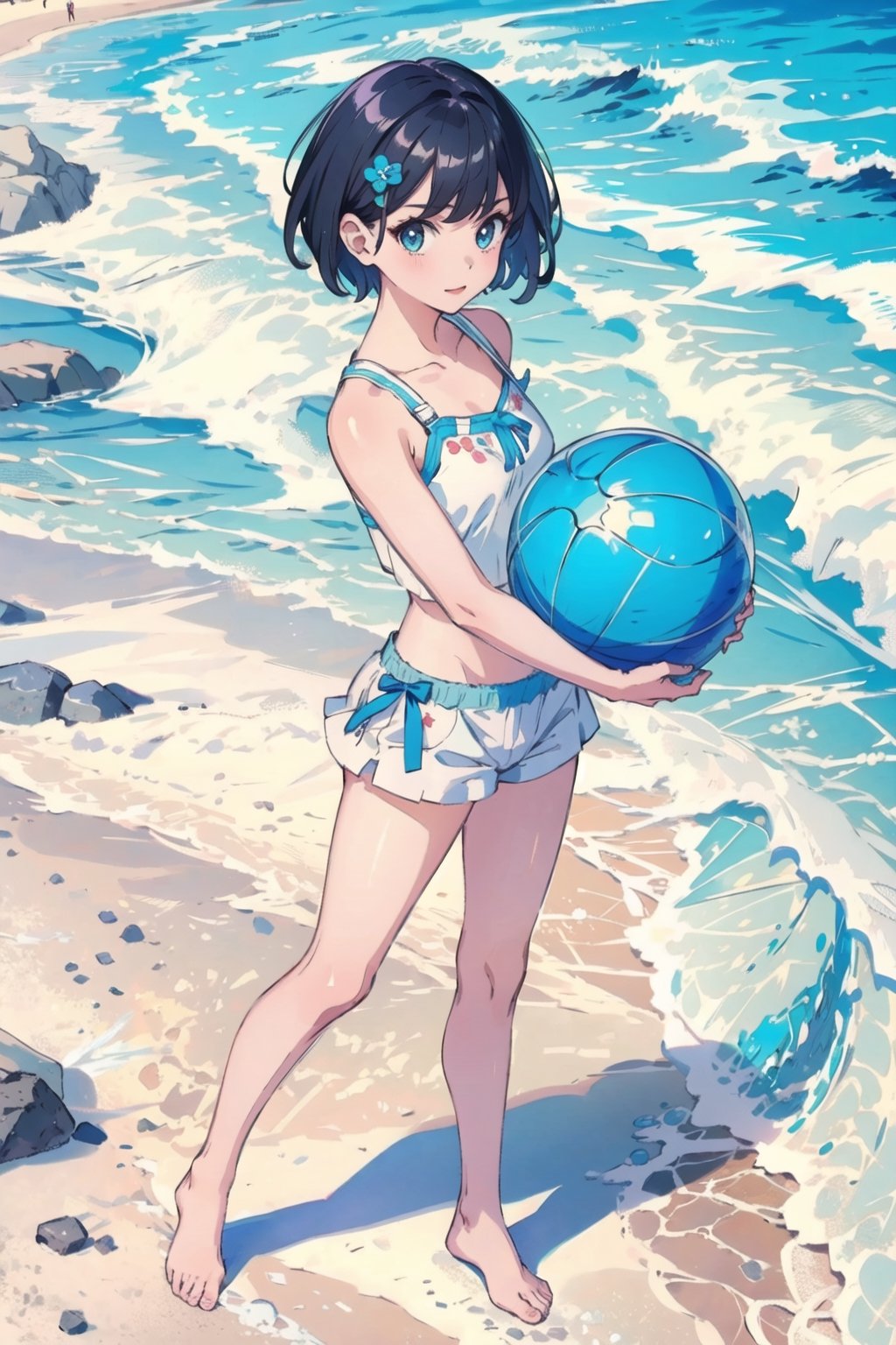 masterpiece, best quality, 1girl,short-hair, Beach, cute,look at viewers,ball