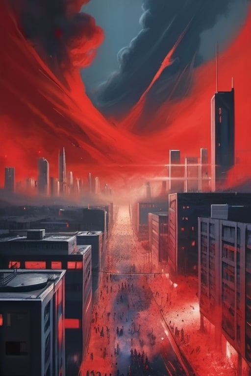 Armageddon, bright red and blue grayish ambiance, city, people scattered
