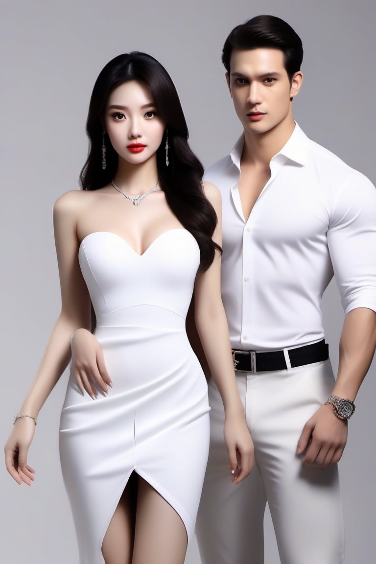 Similar like foto but human version, women in A dress look beautiful with white skin look at man, and man look poker face,  gantle and handsome and sexy abs