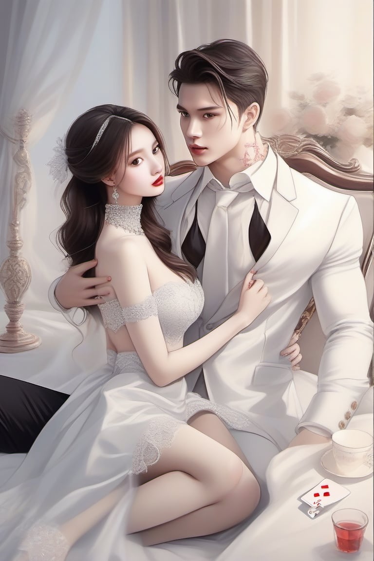 Similar like foto but human version, women in A dress look beautiful with white skin look at man, and man look poker face,  gantle and handsome and sexy abs