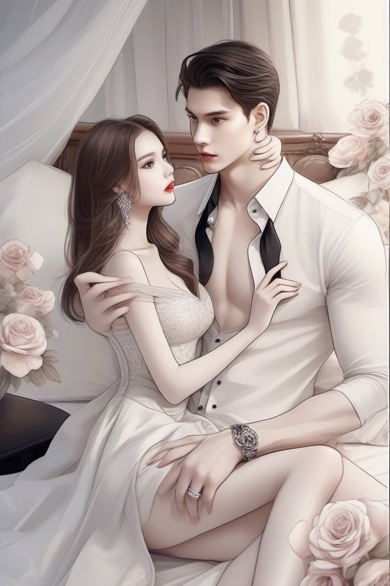 Similar like foto but human version, women in A dress look beautiful with white skin and man look poker face,  gantle and handsome and sexy abs