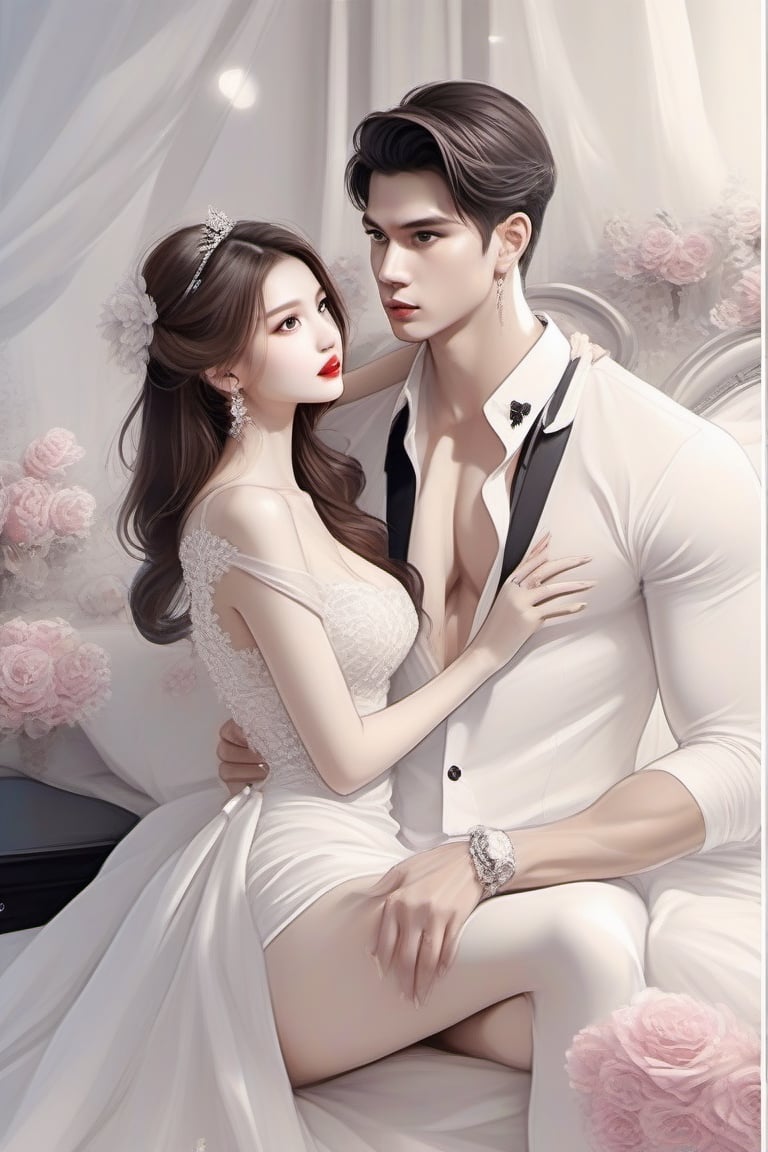 Similar like foto but human version, women in A dress look beautiful with white skin look at man, and man look poker face,  gantle and handsome and sexy abs