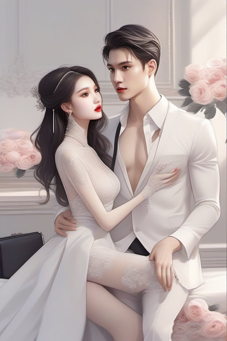 Similar like foto but human version, women in A dress look beautiful with white skin look at man, and man look poker face,  gantle and handsome and sexy abs