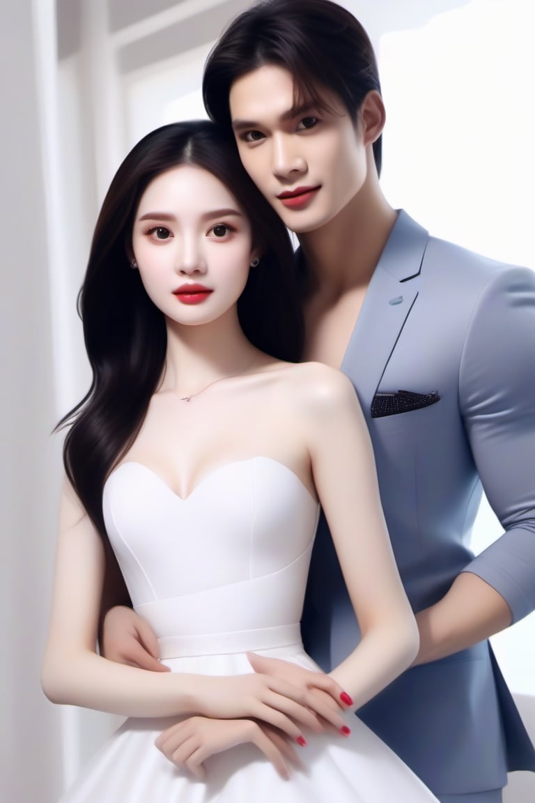 Similar like foto but human version, women in A dress look beautiful with white skin look at man, and man look poker face,  gantle and handsome and sexy abs