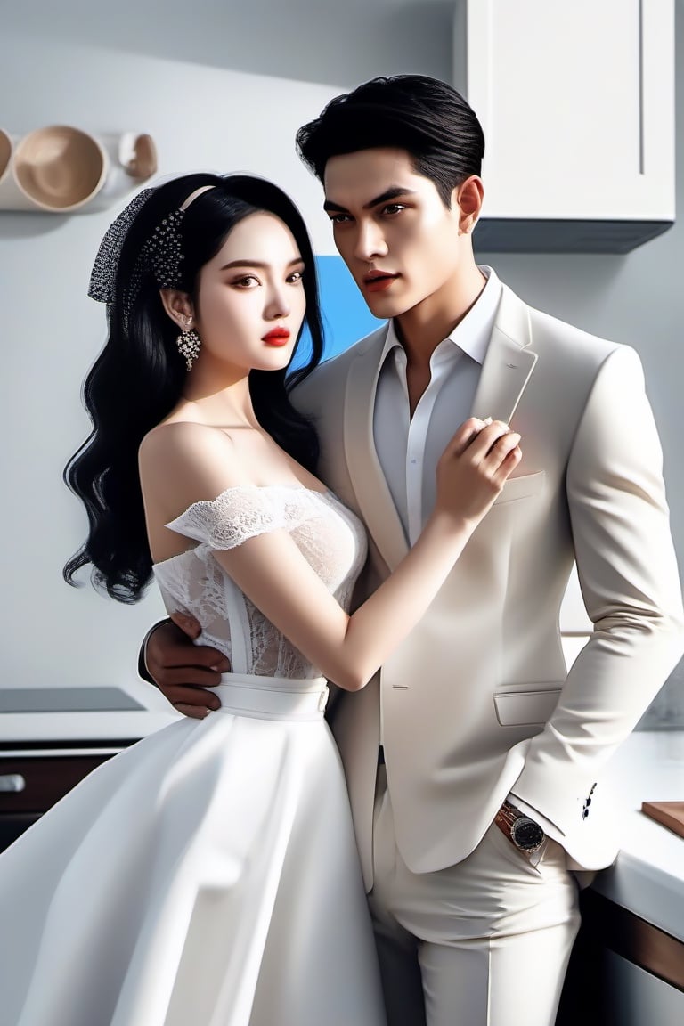 Similar like foto but human version, women in A dress look beautiful with white skin look at man, and man look poker face,  gantle and handsome and sexy abs