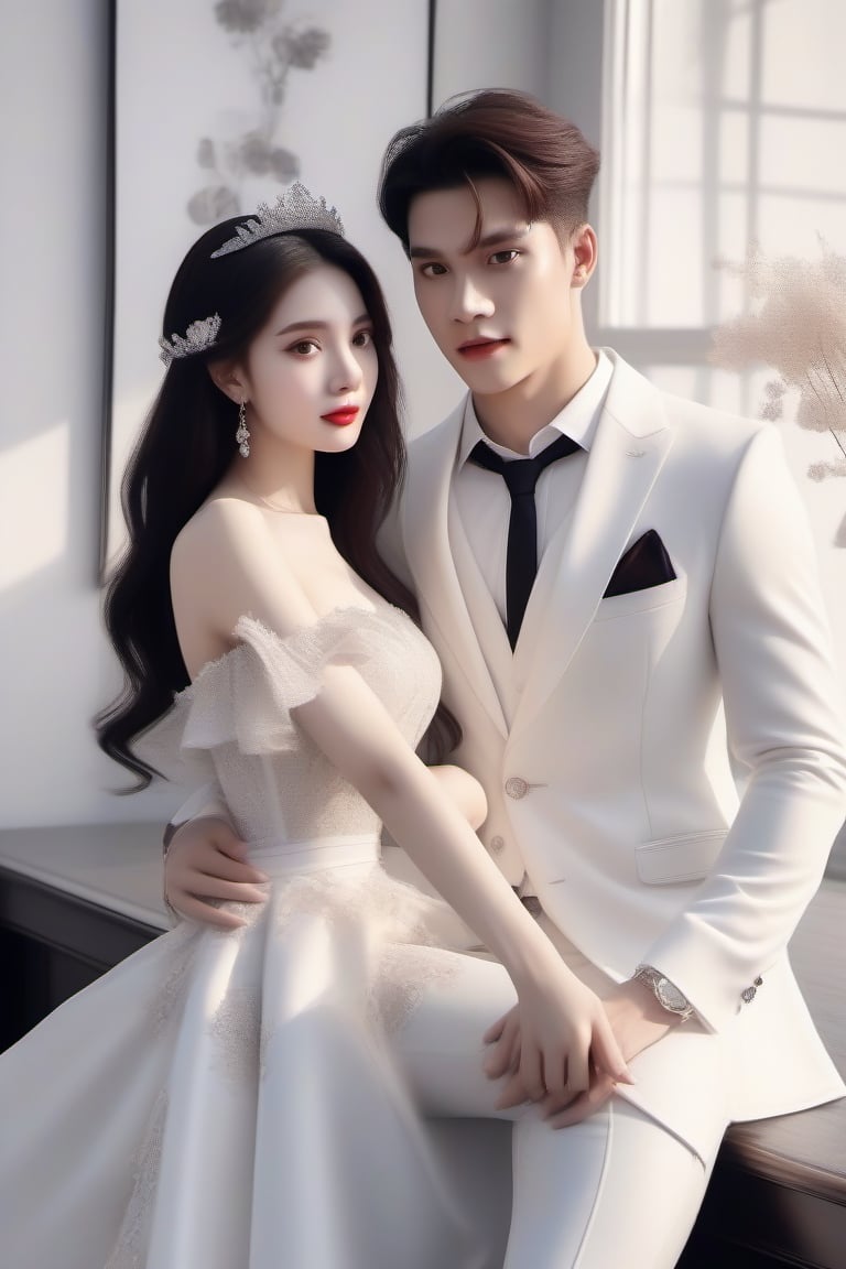 Similar like foto but human version, women in A dress look beautiful with white skin look at man, and man look poker face,  gantle and handsome and sexy abs