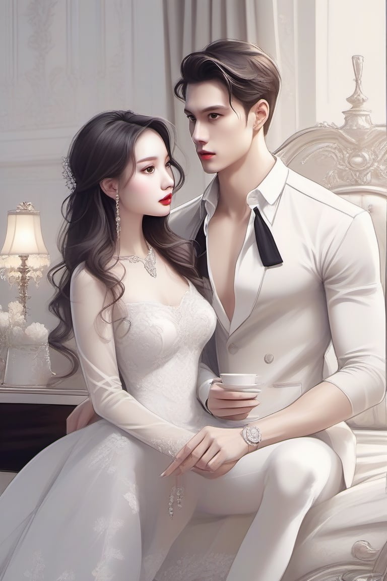 Similar like foto but human version, women in A dress look beautiful with white skin and man look poker face,  gantle and handsome and sexy abs